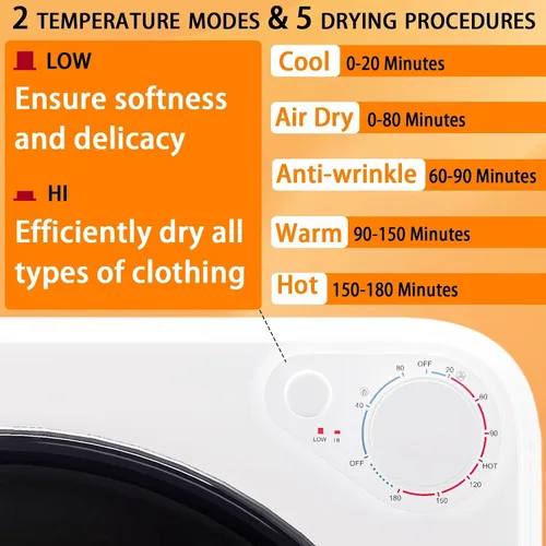Miniatura 3 de Secadora de ropa portátil de 1.5 pies cúbicos, secadora de lavandería de carga frontal de secado rápido de 800W con 5 modos, mini secadora eléctrica