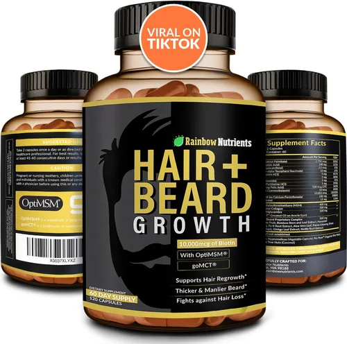 Vitaminas para el crecimiento del cabello y la barba para hombres | Biotina 10,000 mcg, colágeno, OptiMSM® patentado, goMCT®, serenoa | Suministro