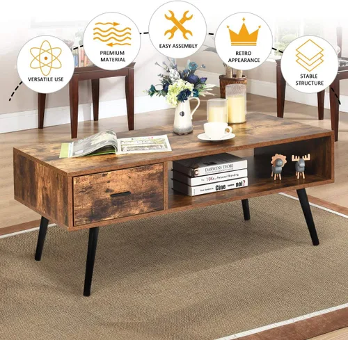 Miniatura 4 de Giantex Mesa auxiliar rectangular, soporte de TV de mediados de siglo con 1 cajón y estante de almacenamiento abierto para sala de estar, sala