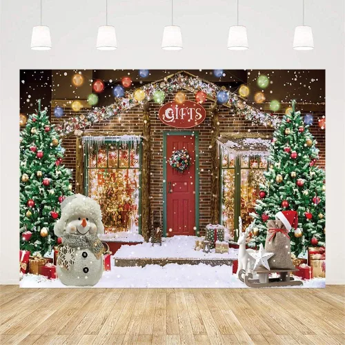Miniatura 2 de AIBIIN Telón de fondo de Navidad de 7 x 5 pies para fotografía, tienda de regalos, taller de Papá Noel, copo de nieve de invierno, muñeco de nieve