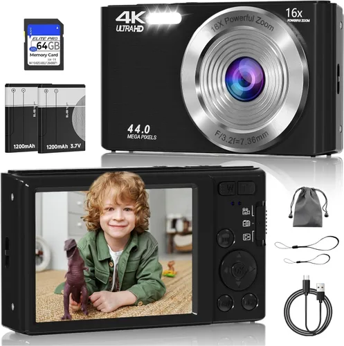 Miniatura 9 de Cámara digital, cámara de enfoque automático 4K para fotografía con tarjeta de 64GB, cámara digital compacta portátil de 44MP para adolescentes
