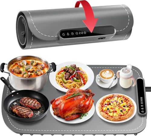 Tapete de calentamiento para alimentos, bandeja de calentamiento eléctrico de calentamiento rápido mejorada con 7 niveles de temperatura y 8 Gris