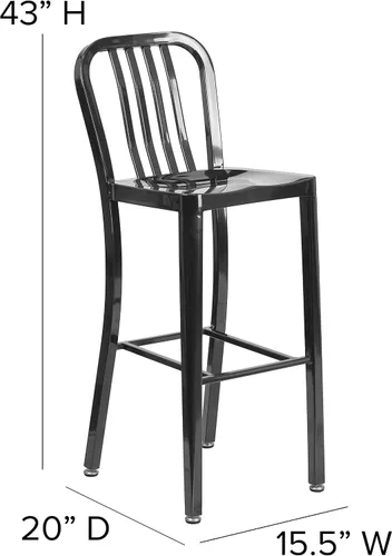Miniatura 2 de BizChair Taburete de bar de metal negro para interiores y exteriores de 30 pulgadas de alto con respaldo de listón