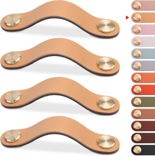 Paquete de 4 tiradores de cuero para cajones, color beige, pomos de puerta de armario de 3.7 pulgadas, tiradores de piel sintética para tocador,