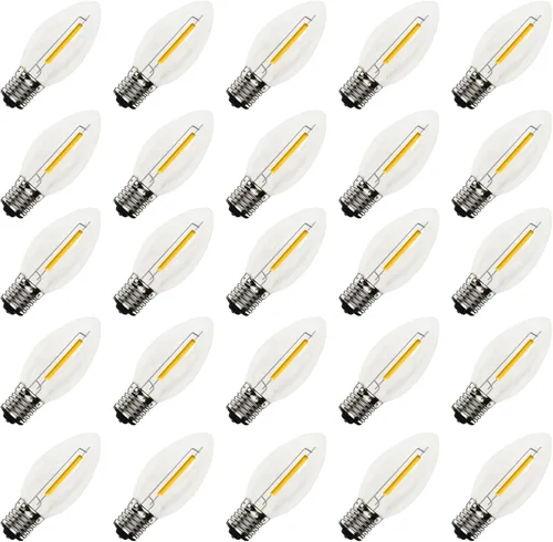 Miniatura 20 de Paquete de 25 bombillas LED transparentes C7, bombillas de repuesto de Navidad con base de candelabro E12, bombillas blancas cálidas inastillables