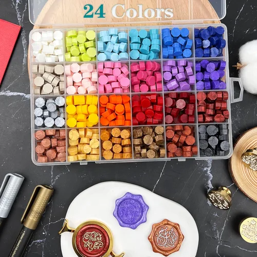 Miniatura 5 de Kit de sellos de cera con caja de regalo, 672 piezas de cuentas de sello de cera, 4 piezas de sellos de cera, 2 piezas de moldes de sellado de cera