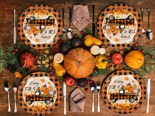 Miniatura 7 de Whaline 40 platos de papel de otoño de 9 pulgadas, platos de papel desechables a cuadros de búfalo naranja y negro, platos de papel desechables
