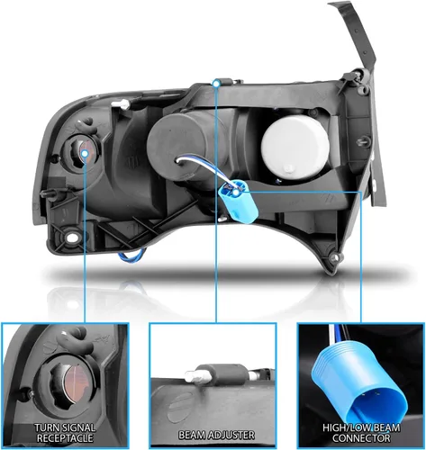 Miniatura 6 de AmeriLite Juego de 1 faro delantero de repuesto negro con lámpara de estacionamiento LED de esquina para Dodge Ram 1500 2500 3500 1994-2001, lado