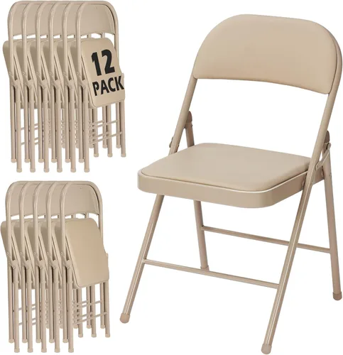 Paquete de 12 sillas plegables color caqui con cojín acolchado para exteriores, sillas plegables de metal comerciales apilables portátiles con marco