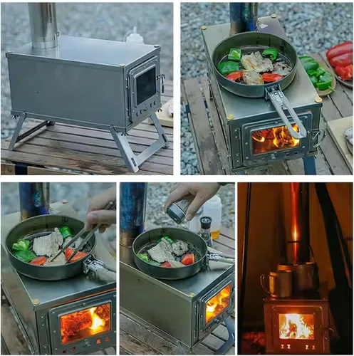 Miniatura 6 de Estufa de camping para carpas calientes, horno plegable, estufa de leña de acero inoxidable con tubo plegable, estufa de leña portátil para camping