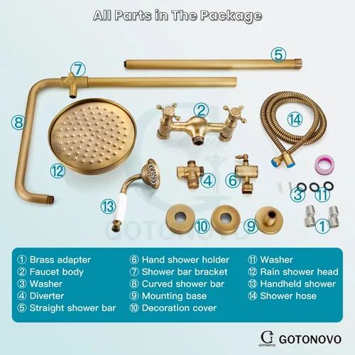 Miniatura 9 de Accesorio de ducha de doble función fijado 8 cabezal de ducha de lluvia 2 pomos dobles mango cruzado Latón antiguo