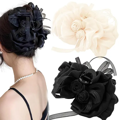 Miniatura 9 de Jaczora 2 pinzas para el pelo de seda de gasa, pinza grande de perlas con lazos, accesorios para el cabello para mujeres y niñas