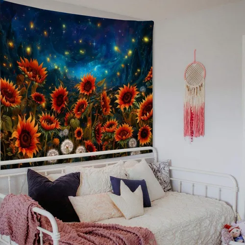 Miniatura 6 de FENDROM Tapiz de paisaje de girasoles, galaxia, luna, estrellas, paisaje, arte de pared, decoración de pared natural para dormitorio, sala de estar