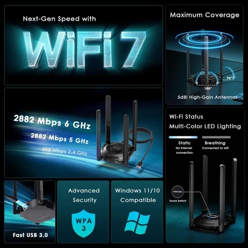 Miniatura 2 de Adaptador WiFi USB para PC de escritorio, WAVLINK Tri-Band BE6500 WiFi 7 adaptador con antenas de alta ganancia de 2.4 GHz/5 GHz/6 GHz, WPA3, MLO