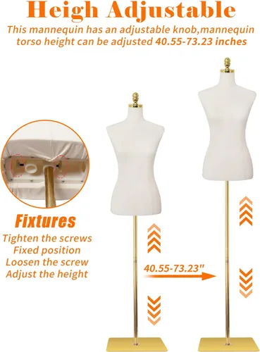Miniatura 4 de Maniquí de torso para vestido con forma de 40.55-73.23 pulgadas de altura ajustable, modelo femenino para exhibición, cuerpo de maniquí con soporte