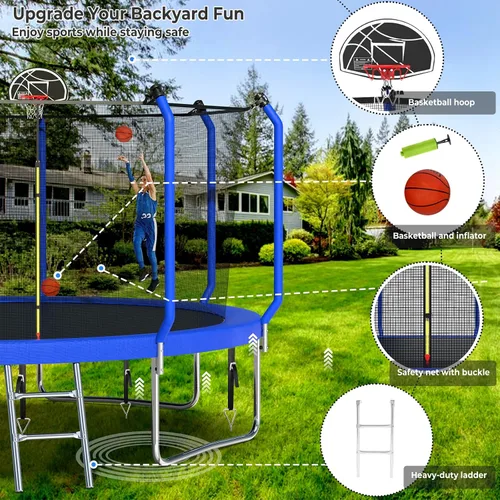 Miniatura 2 de Lyromix Trampolín mejorado de 8 pies/10 pies/12 pies/14 pies con aro de baloncesto, luz, aspersor, estacas – patio trasero al aire libre para 4-6