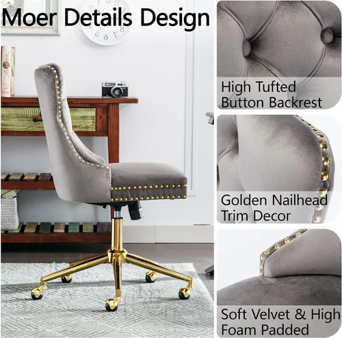 Miniatura 7 de Silla de oficina sin brazos, silla de tocador con respaldo y ruedas, cómoda silla de oficina en terciopelo, sillas de escritorio de oficina en casa
