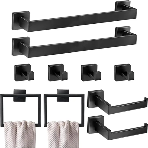 Miniatura 7 de Juego de accesorios de baño de 5 piezas, color negro mate, toallero montado en la pared, soporte para papel higiénico, ganchos de acero inoxidable