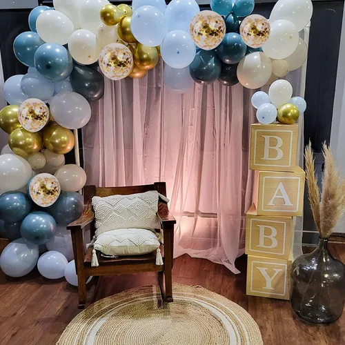 Miniatura 7 de Set de globos azul polvo, 60 paquetes de 12 pulgadas de globos metálicos dorados cromados, azul macarrón, azul océano, blanco arena, confeti
