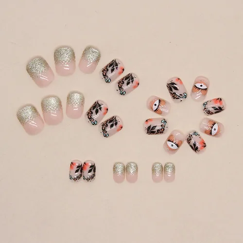 Miniatura 3 de Uñas postizas a presión degradadas con purpurina de longitud corta, uñas postizas en forma de ataúd con diseño de hojas de corazón, 24 uñas postizas