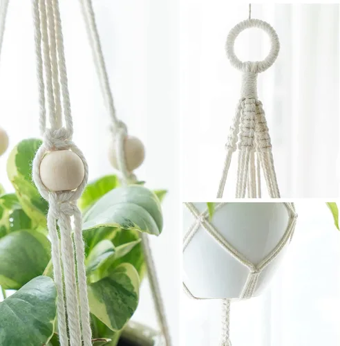 Miniatura 3 de Mkono Colgador de plantas de macramé, cesta colgante de 2 niveles para interior/exterior, cuerda de algodón con cuentas, 4 patas, 49 pulgadas