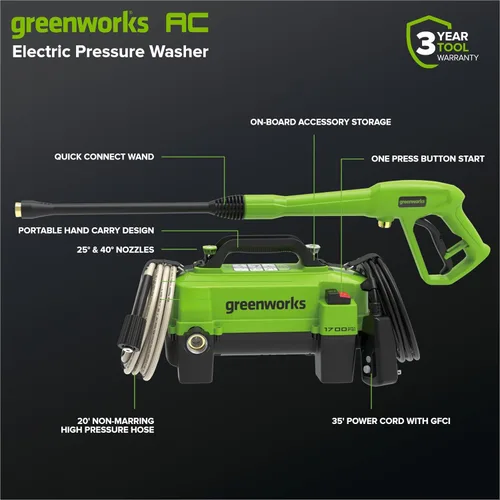 Miniatura 3 de Greenworks Lavadora a presión de 1700 PSI y 1.2 GPM, ultra compacta y ligera, ideal para limpiar patios, terrazas, aceras, muebles de exterior