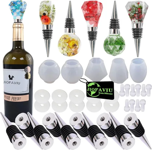 Miniatura 9 de Juego de 15 moldes de resina para tapones de botella de vino, moldes de silicona para resina epoxi (5 moldes y 10 tapones)