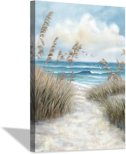 Miniatura 15 de Cuadro abstracto de playa para pared: camino de arena al océano con hierba marina pintura para dormitorio (16 x 12 x 1 panel)