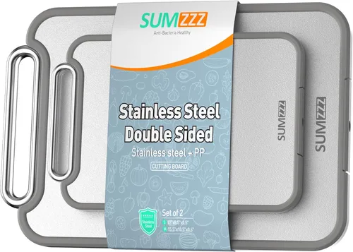Miniatura 10 de Sumzzz Tabla de cortar de acero inoxidable para cocina, tabla de cortar 2 en 1 de doble cara, apta para lavavajillas, acero inoxidable de grado