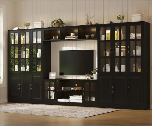 Miniatura 9 de MEISSALIVVE Mueble de pared con almacenamiento y luces LED, gran centro de entretenimiento con estanterías para televisores de hasta 70 pulgadas