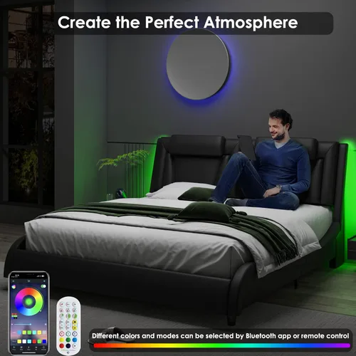 Miniatura 4 de Keyluv Armazón de cama moderno tapizado con plataforma con cabecera LED ajustable y diseño de curva ondulada y soporte de listones de madera sólida