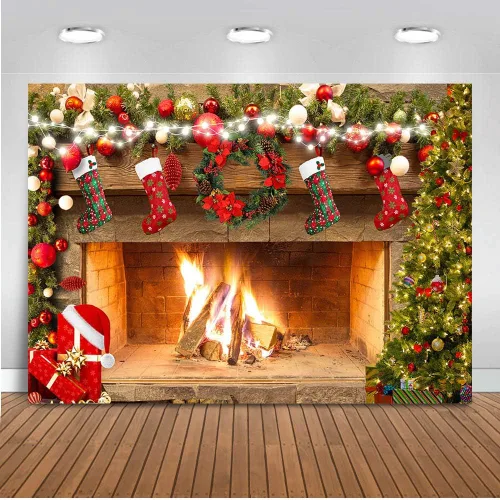 Mocsicka Telón de fondo de chimenea de 5 x 3 pies, decoración de fiesta familiar, decoración de fotos de fotos, calcetines de Navidad, árboles,