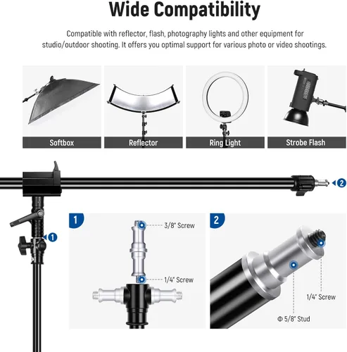 Miniatura 4 de NEEWER Soporte de luz de aluminio acolchado de aire, soporte de fotografía ajustable de 9.8 pies con brazo de pluma, contrapeso, bolsa de arena