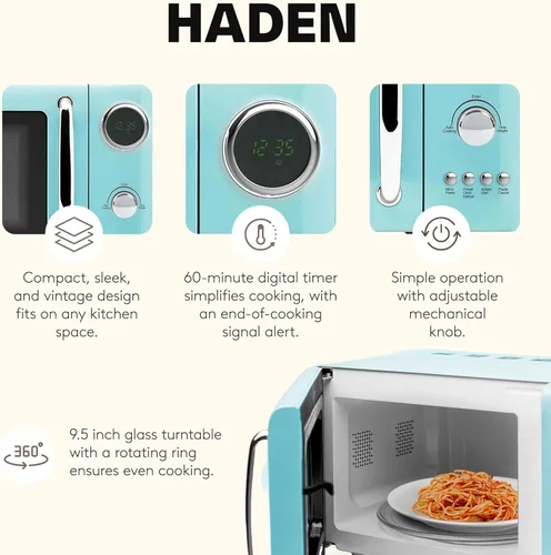 Miniatura 3 de Haden Horno microondas de 700 vatios y 0.7 pies cúbicos con controles digitales, descongelación e inicio instantáneo para encimera, pequeño Turquesa
