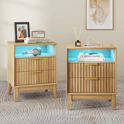 Miniatura 14 de LVSOMT Mesita de noche negra para dormitorio con estación de carga y luces LED, moderna mesita de noche con cajón oculto, mesita de noche
