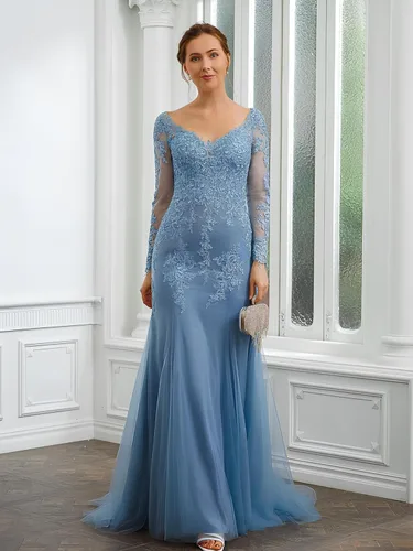 Miniatura 2 de Vestidos de fiesta de sirena para mujer, con apliques de encaje, tul de manga larga, vestido de noche formal