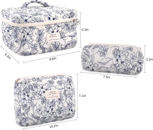 Miniatura 5 de GISMTR 3 Bolsas de Maquillaje Acolchadas de Algodón Grandes de Viaje Bolsa de Cosméticos Bolsa de Maquillaje Coqueta Bonita Bolsa de Tocador Floral