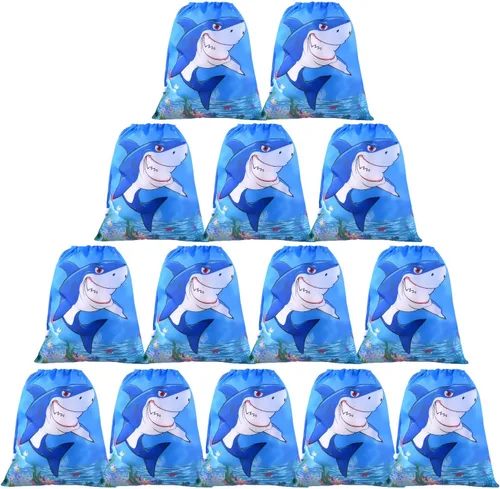 Fepito Paquete de 12 bolsas con cordón de tiburón, recuerdos de fiesta de tiburones y bolsas de regalos para fiesta de ducha, Azul (Blue Shark),
