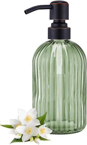 Miniatura 25 de Dispensadores de jabón de vidrio para cocina y baño, botella de vidrio pesado de 16 onzas, bomba de níquel cepillado de acero inoxidable