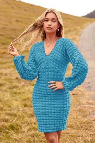 Miniatura 3 de PRETTYGARDEN Vestido ajustado de manga larga abombada con cuello en V para mujer
