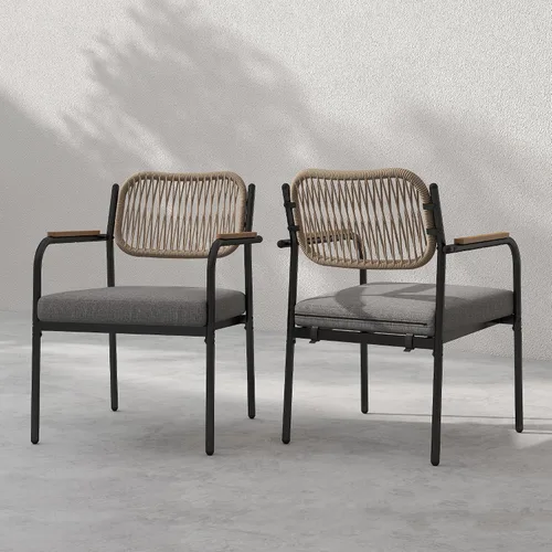 Miniatura 13 de Juego de 2 sillas de comedor para exteriores, sillas de comedor de mimbre para patio con cojines extraíbles, silla de mesa rectangular para patio