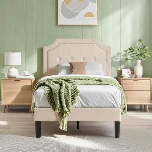 Miniatura 6 de VECELO Base de cama de plataforma de tamaño individual con cabecera tapizada de tela y soporte de listones de madera, no necesita somier/fácil Beige