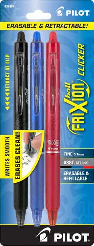 PILOT FriXion Clicker - Bolígrafos de tinta de gel borrables, recargables y retráctiles, punta fina, tintas de color negro, azul y rojo, paquete de