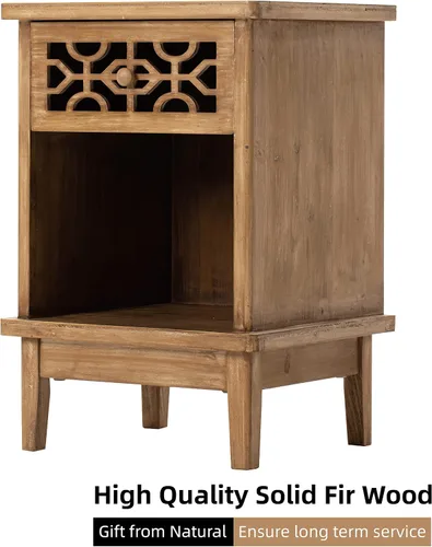 Miniatura 4 de Mesita de noche rústica, mesa auxiliar de madera maciza, mesa auxiliar retro de granja con parte delantera tallada a mano y estante abierto, natural