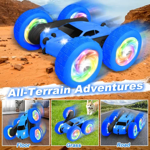 Miniatura 4 de Coche de control remoto, juguetes al aire libre RC para niños de 6 a 12 años, vehículo de acrobacias doble cara 4WD con baterías modulares USB-C Azul
