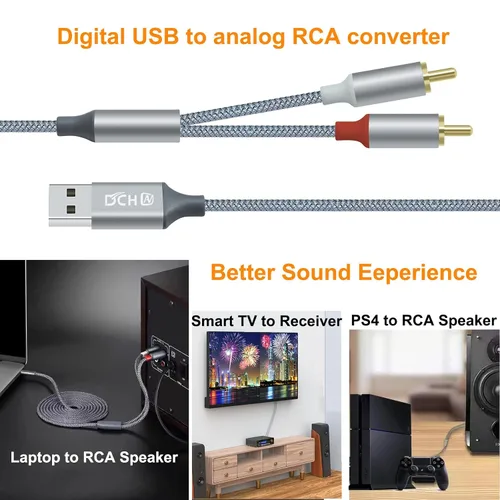 Miniatura 4 de DCHAV Cable adaptador de audio USB a RCA de 4 pies tipo A a 2 RCA macho 2RCA y divisor en Y, cable trenzado de nailon, interfaz rojo y blanco