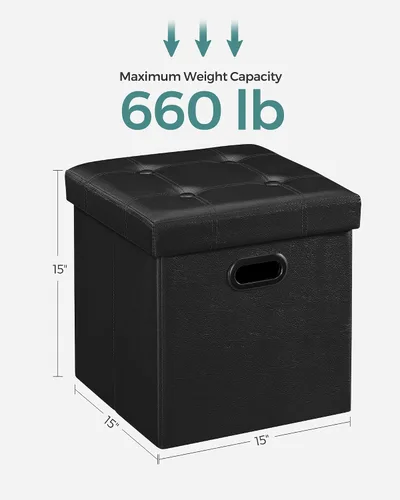 Miniatura 3 de Otomana plegable por Songmics, cubo de almacenamiento de 15 pulgadas con agujero y asa, piel sintética, Madera, Negro