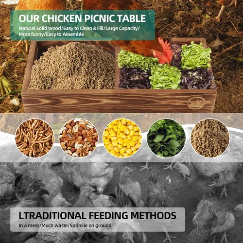 Miniatura 2 de Mesa de pollo sin residuos, comedero de picnic de pollo hecho a mano de madera carbonizada, kit grande de comedero de pollo para bricolaje, Madera