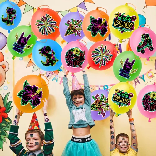 Miniatura 3 de 72 piezas de recuerdos de fiesta de neón, 48 tatuajes temporales precortados y 24 globos de neón con temática de decoración de fiesta de cumpleaños