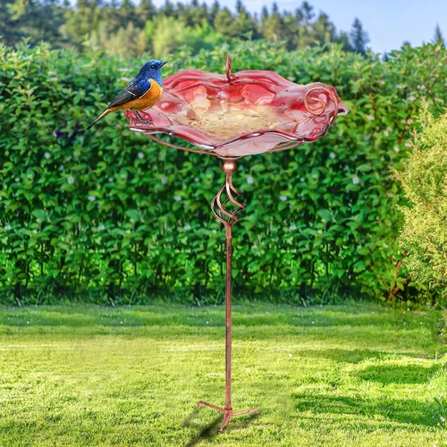 Miniatura 2 de VCUTEKA Baño para pájaros, bañeras de cristal para pájaros para exteriores, comedero de pájaros con estaca de metal, decoración de jardín, rojo